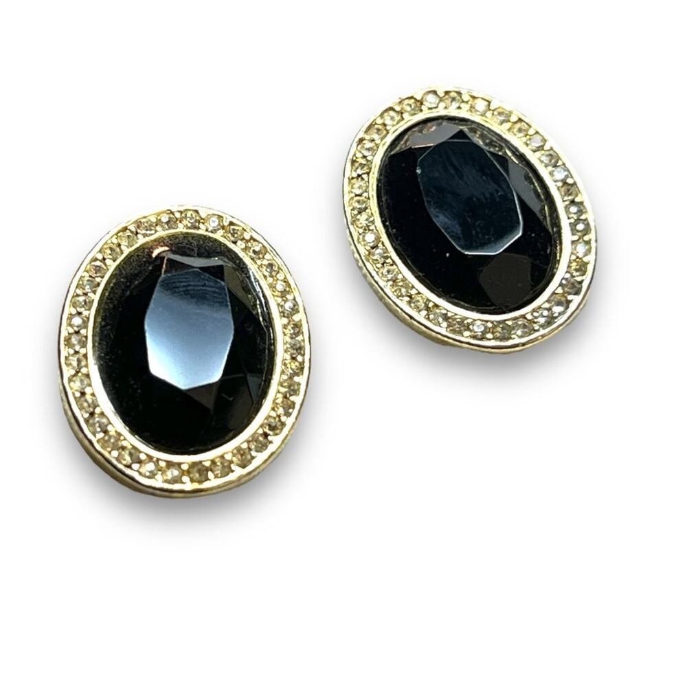 JUDY LEE VINTAGE 1950s Faux Gold Diamond & Black Facet Stone Oval Clip Earrings
